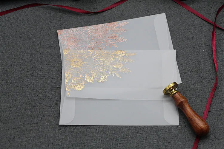 Sulfuric acid paper invitation card with bronzing matte varnish and gold stickers, 12.5x17.6 cm