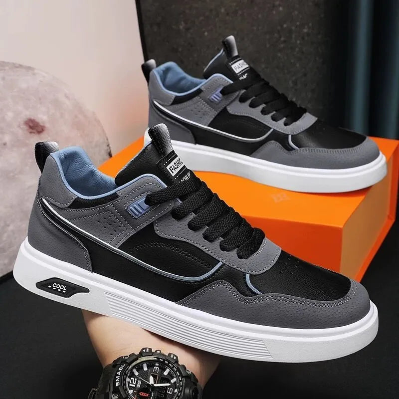 Men's Korean-style low-top canvas board shoes in black, beige, or grey with mesh lining