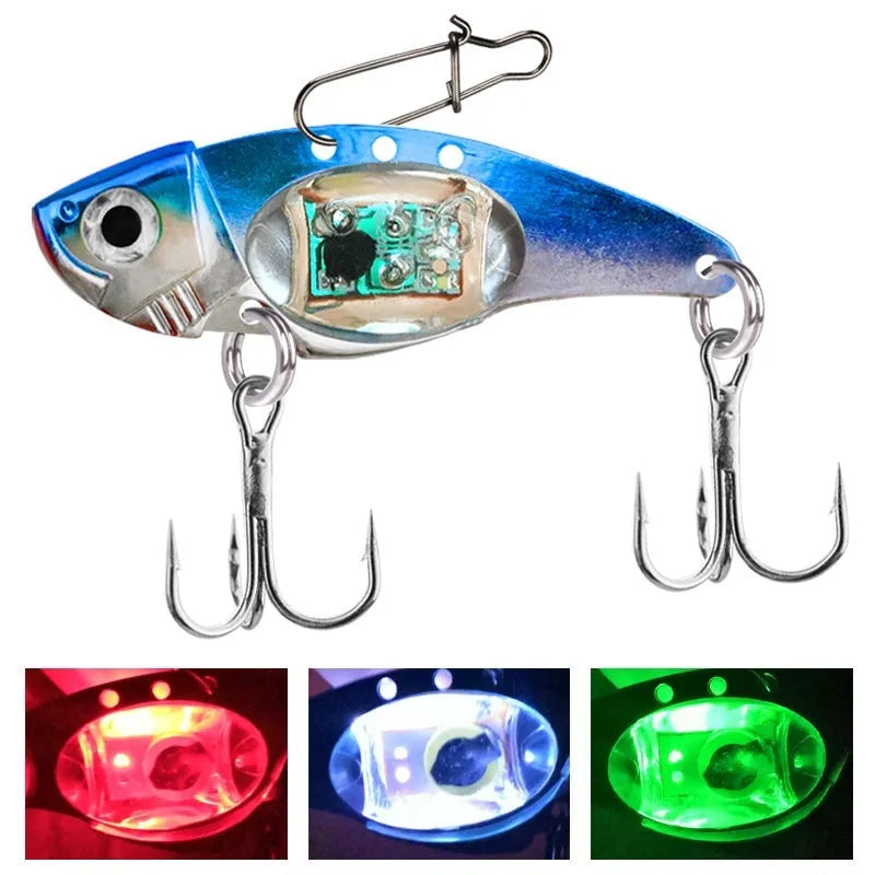 Luminous metal vib electronic fishing lure in blue and red body colours for casting and trolling