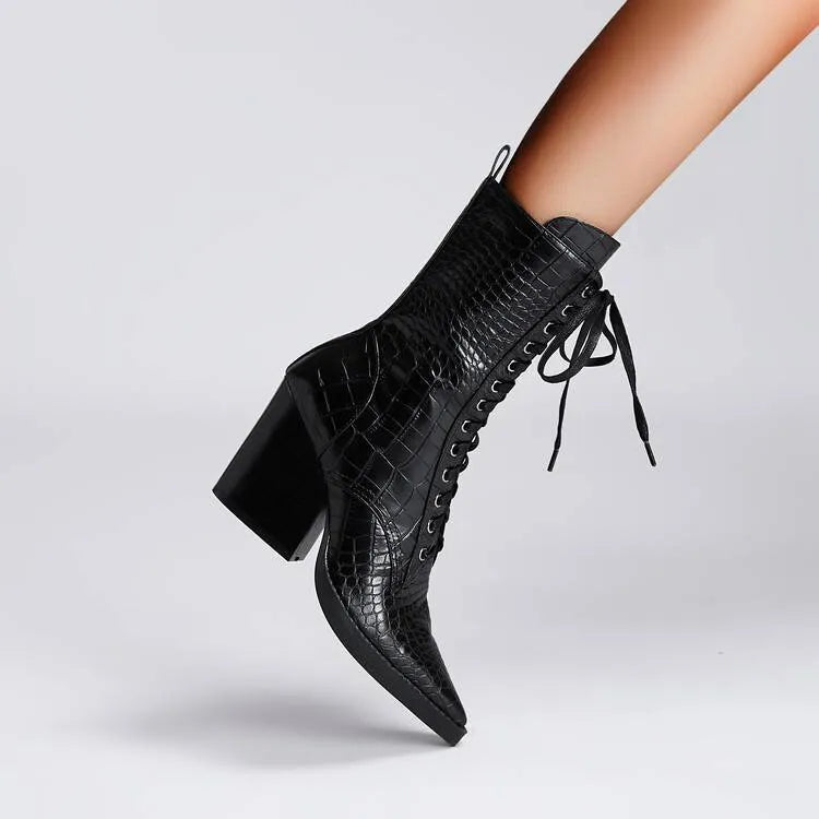 Retro pointed toe chunky heel boots with side zipper and sewing line detail in black