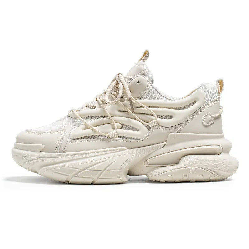 Men's breathable mesh lace-up sneaker in beige and black with rubber sole and platform heel
