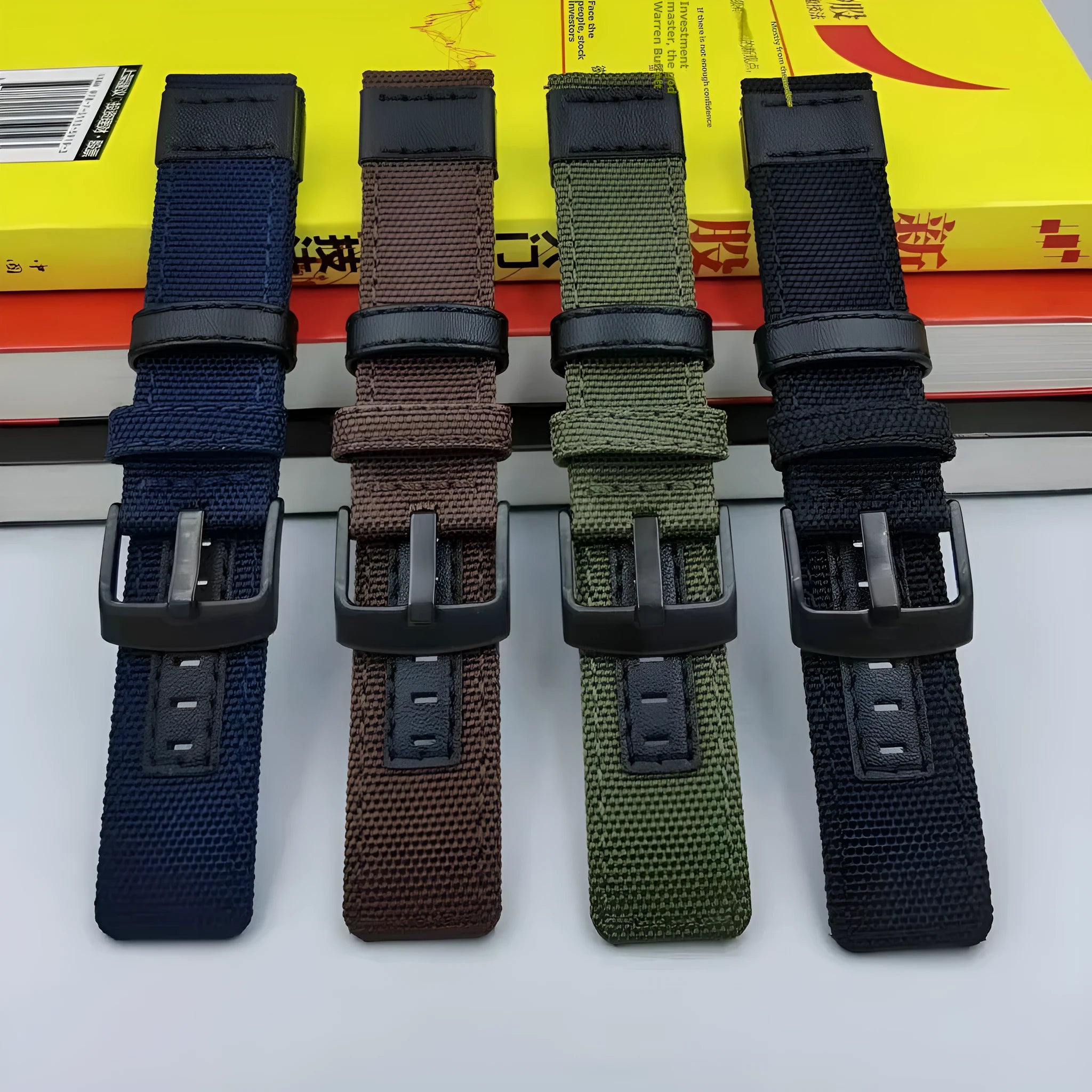 Oxford cloth canvas watch strap in camouflage colour, showing textured fabric and buckle.