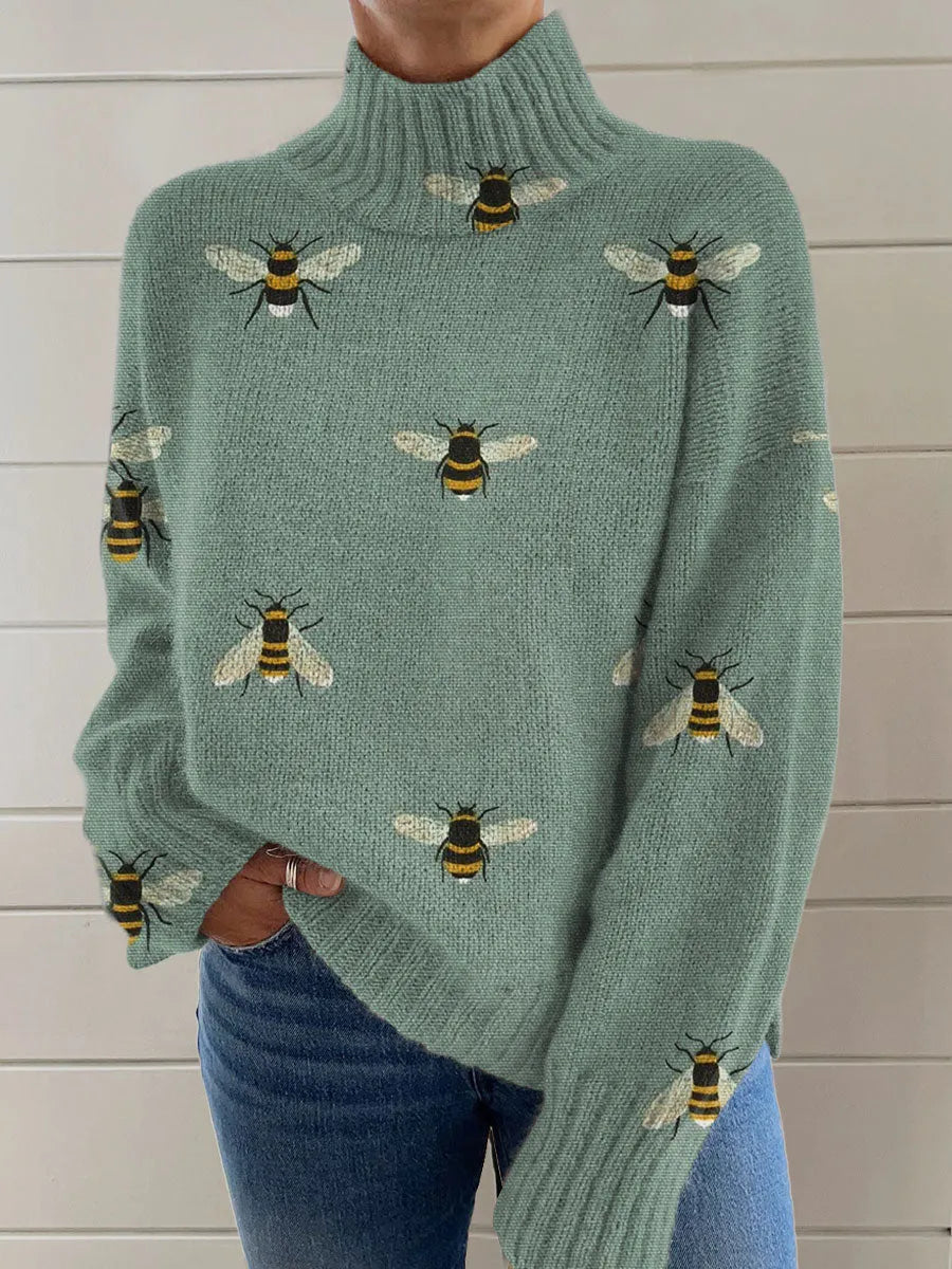 Women's loose fit Christmas printed turtleneck sweater in macaron colours
