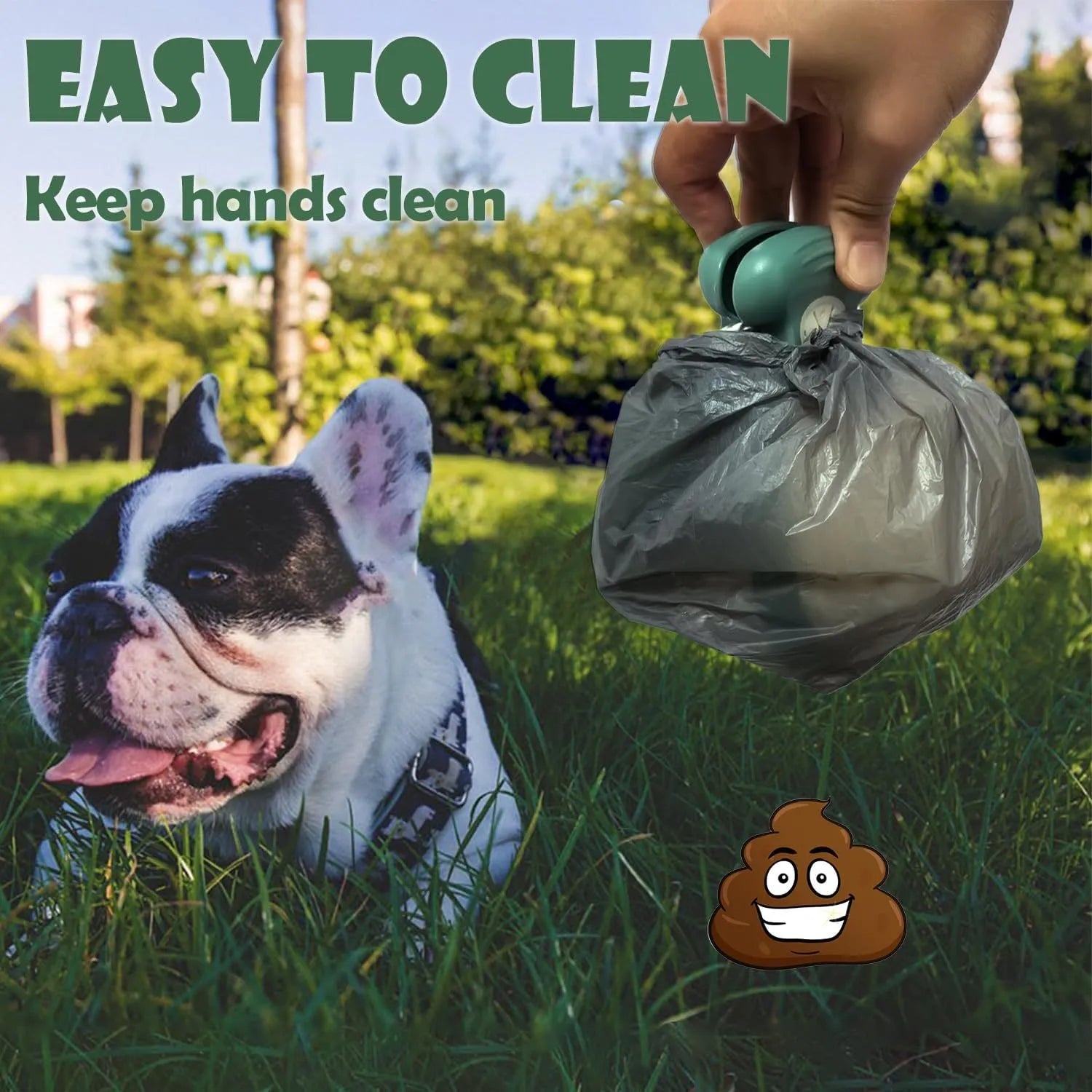 Blue portable pooper scooper with clip, expandable container, and bag dispenser for dog waste cleanup.