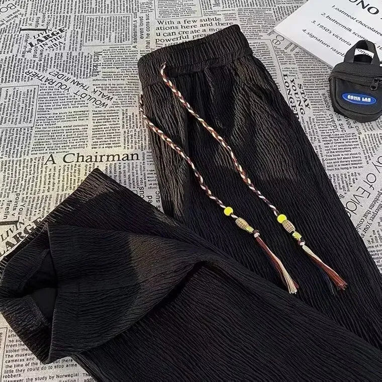 Men's loose straight drooping texture polyester trousers in black for summer daily wear
