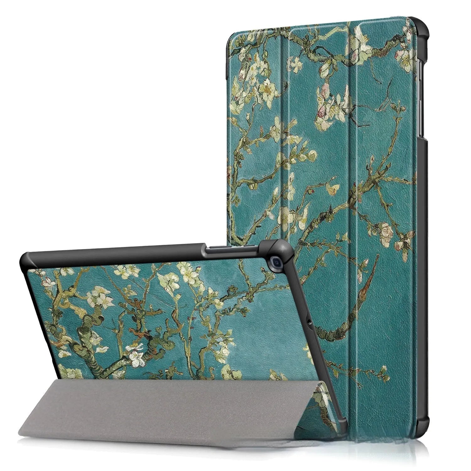 Leather tablet flip cover tri-fold plastic hard shell for Samsung with floral pattern