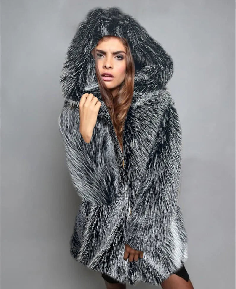 Women's silver grey artificial fur coat with regular sleeves and mid-length 65cm design