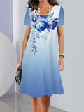 Ice silk floral print midi dress with A-line skirt and short sleeves on a hanger