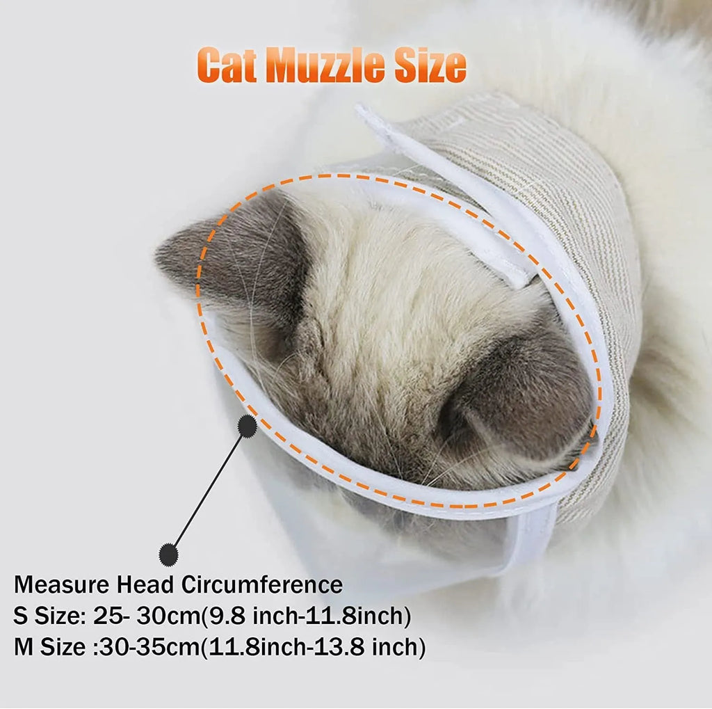 Transparent PVC and cotton anti-bite cat muzzle for grooming, with adjustable strap, available in S and M sizes