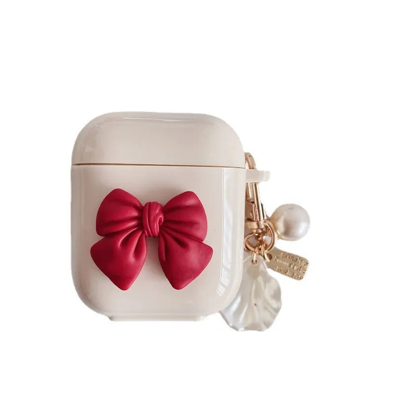 Beige red bow shell TPU case for AirPods Pro wireless earphones with clamshell design