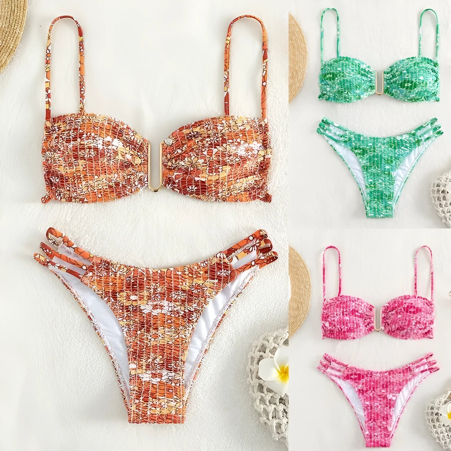 Women's floral high-waist bikini swimsuit in orange, blue, and rose red colours