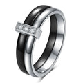 Geometric zirconium ceramic women's ring with glossy stitching in steel black or gold white finish