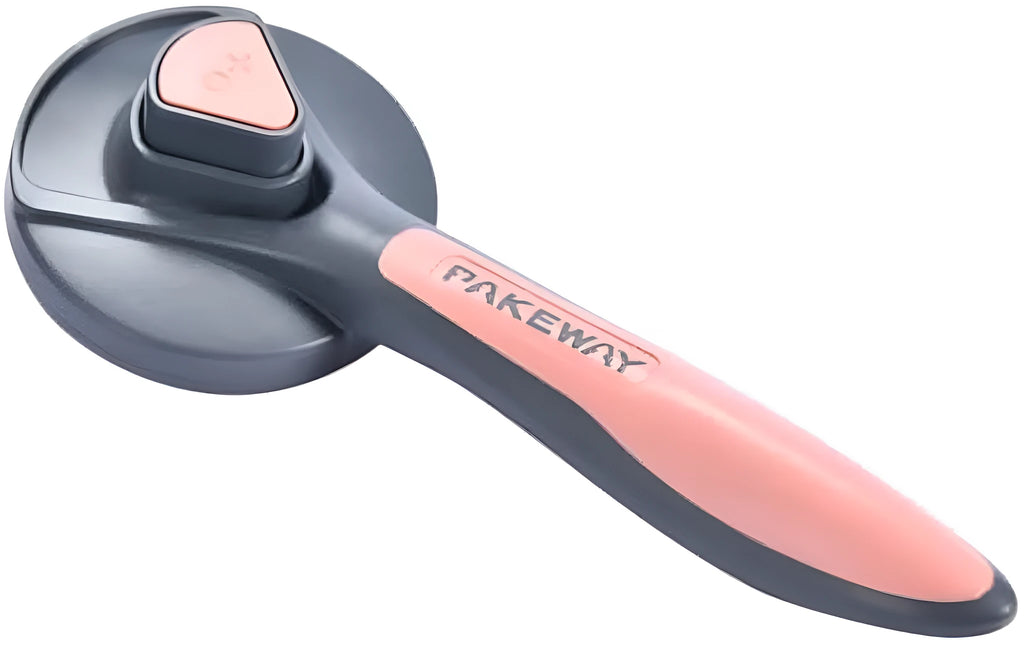 Grey self-cleaning slicker brush for grooming cats and dogs, showing comfort-grip handle and bristles.
