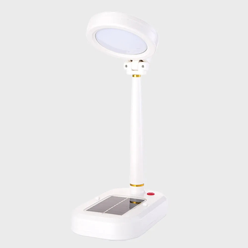 Ivory white solar-powered table fan and LED desk lamp with USB-C charging port