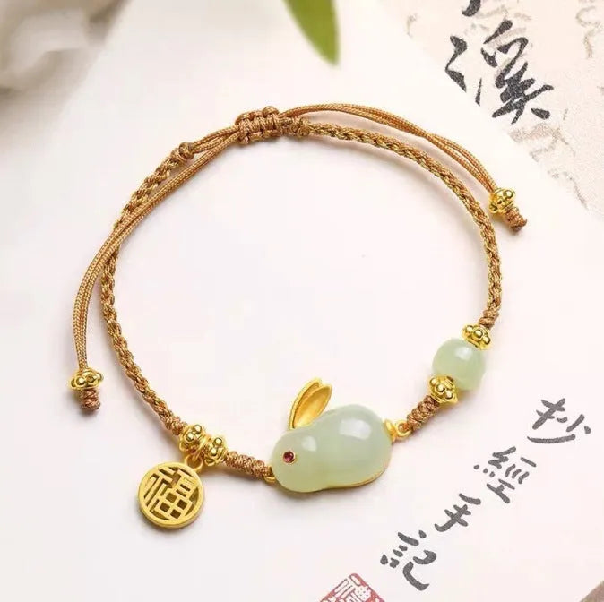 Natural Hetian jade rabbit bracelet with yellow string cord for women