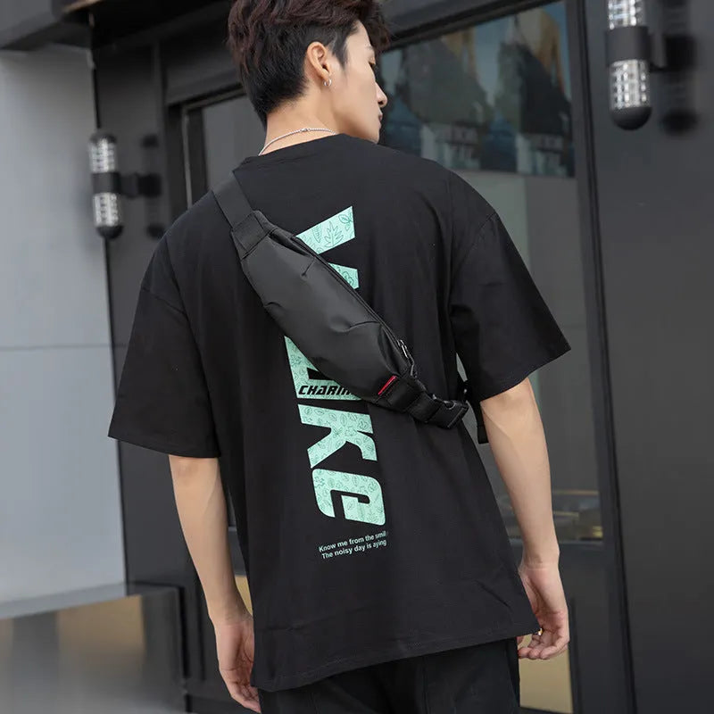 Black Oxford cloth waist pack for men with zipper and internal phone pocket