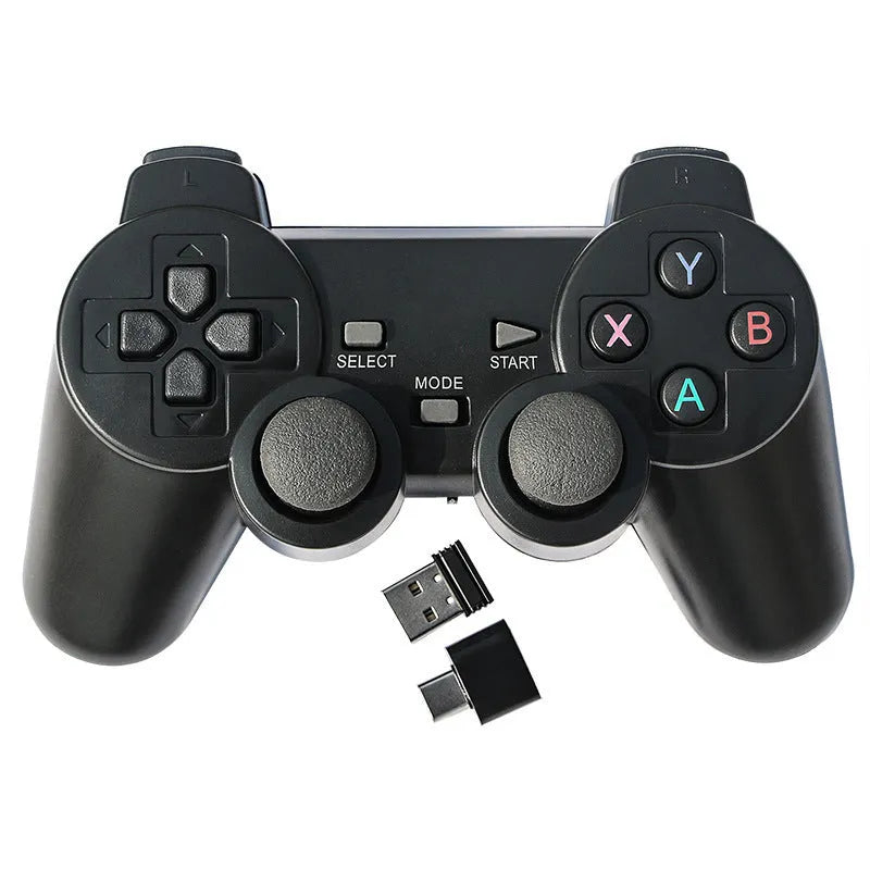 2.4G wireless gamepad in classic black with ABS housing and USB receiver for Android TV and PC