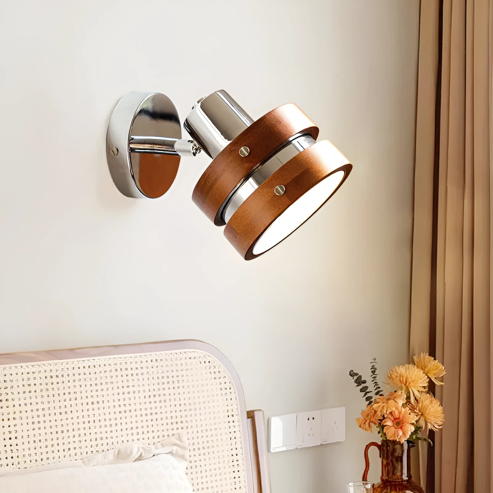Nordic walnut wall lamp for bedside or hallway with three colour temperature options