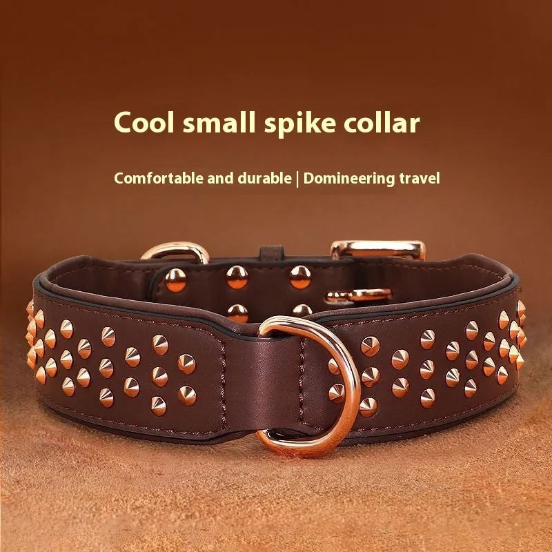 Leather dog collar with metal anti-bite rivets in black, chocolate, or pink.