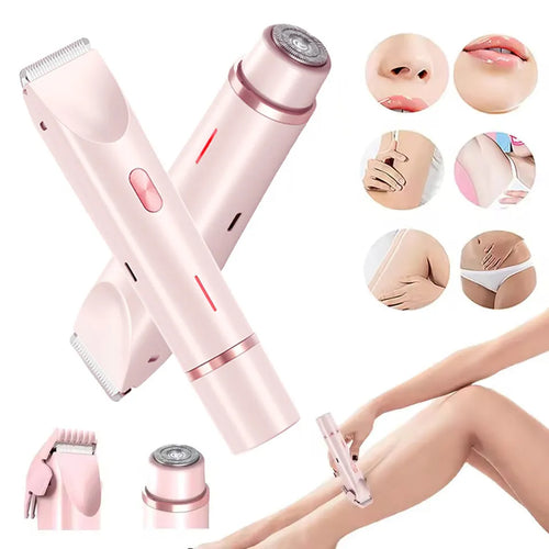 Pink 2 in 1 women's electric hair remover double head shaver with USB cable on white background