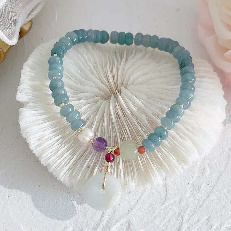 Natural blue water jade bead bracelet with gourd peace buckle pendant, simple women's retro ethnic style