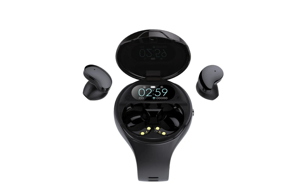 Black smart bracelet with detachable TWS Bluetooth earphones showing colour screen displaying heart rate and step count
