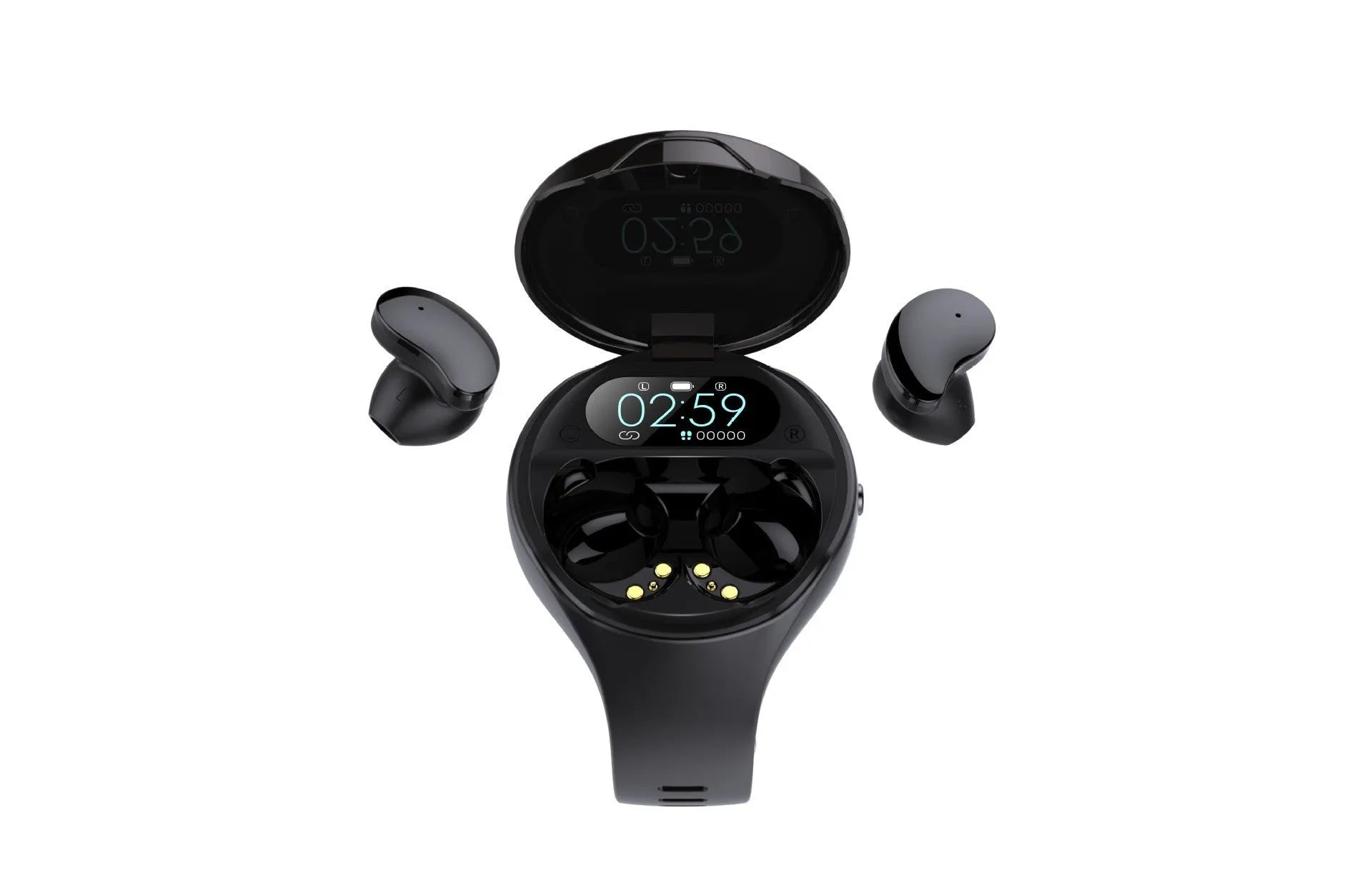 Black smart bracelet with detachable TWS Bluetooth earphones showing colour screen displaying heart rate and step count