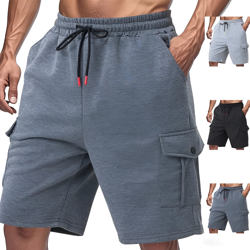 Men's loose cargo shorts in terry cloth with multiple pockets in light grey colour