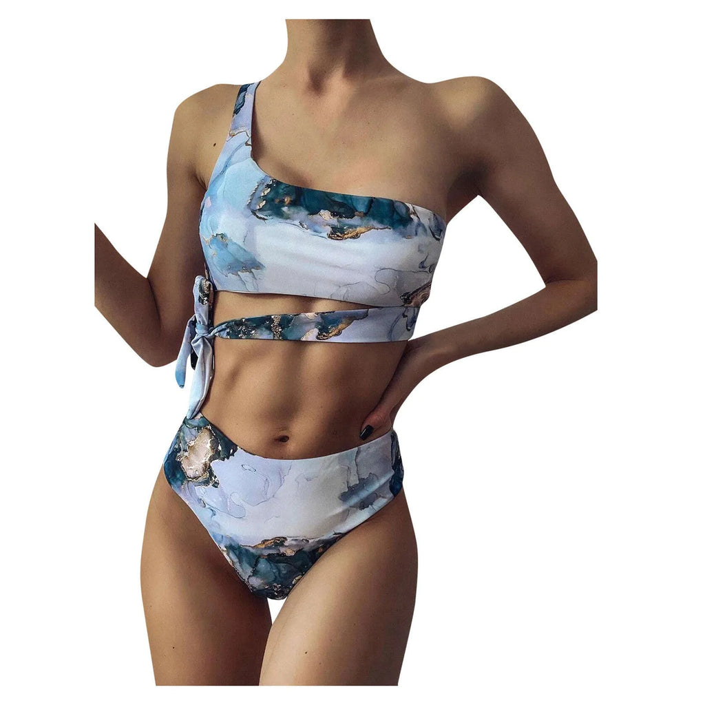 Women's marble tie-dye high-waist bikini swimsuit with U-neck top