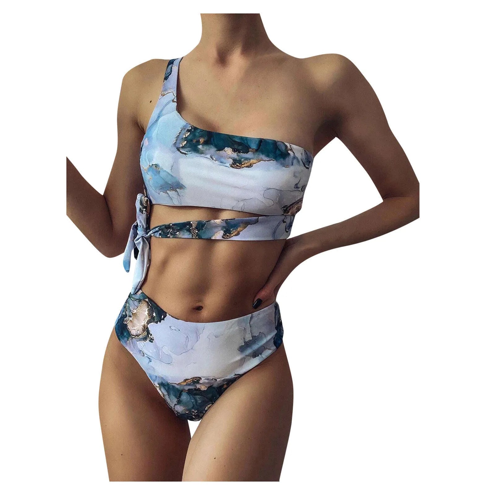 Women's marble tie-dye high-waist bikini swimsuit with U-neck top