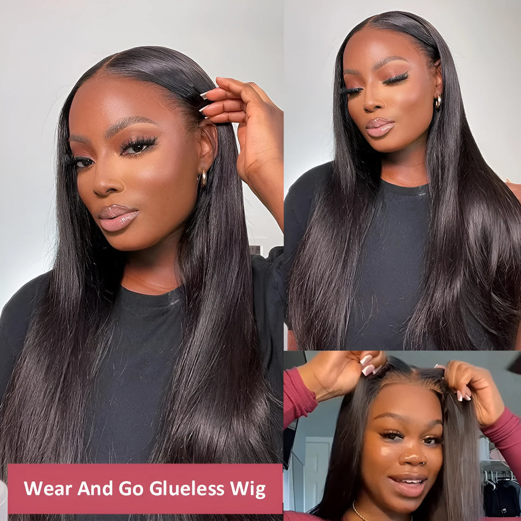 Long straight human hair glueless wig with side bangs, shown in natural style.