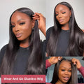 Long straight human hair glueless wig with side bangs, shown in natural style.