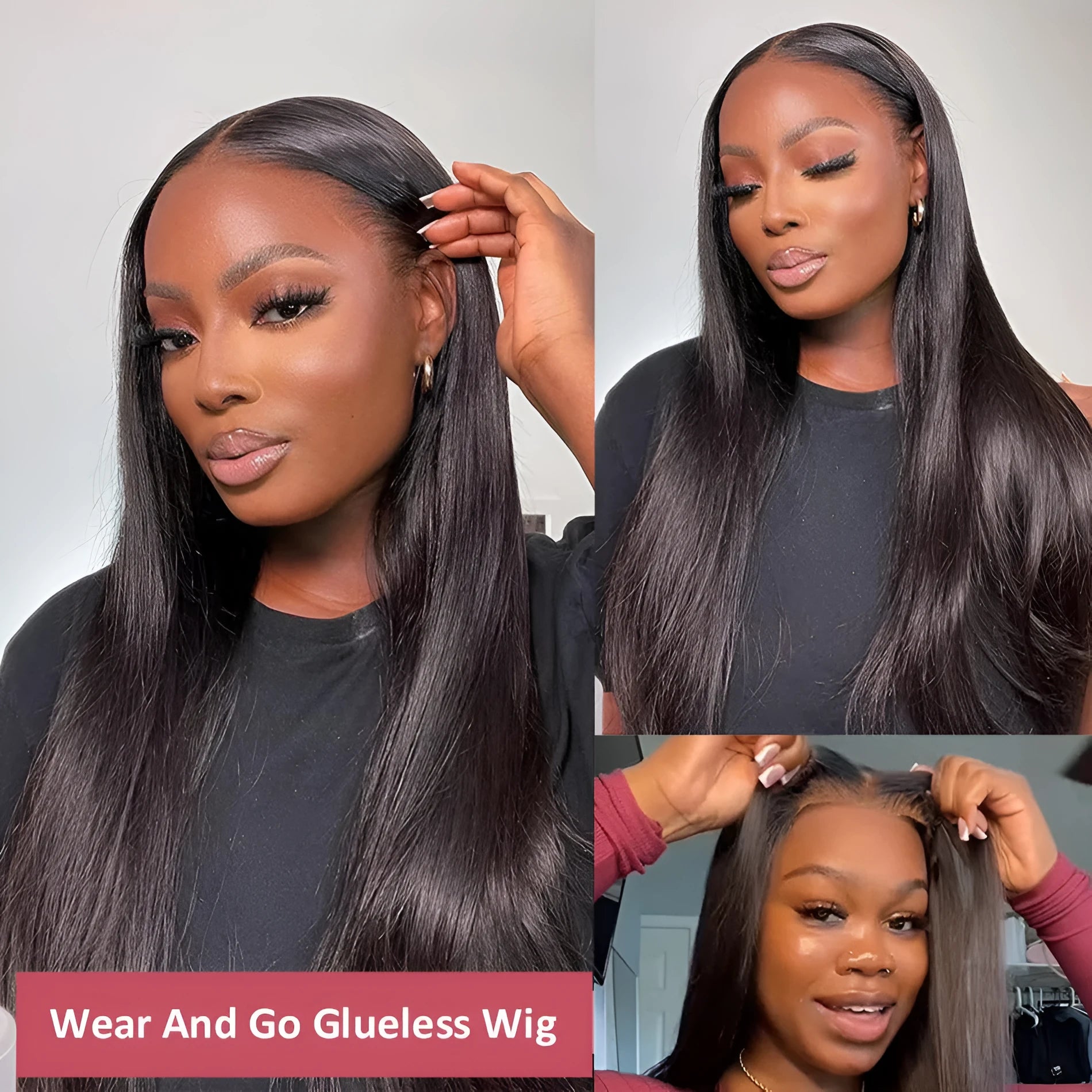 Long straight human hair glueless wig with side bangs, shown in natural style.