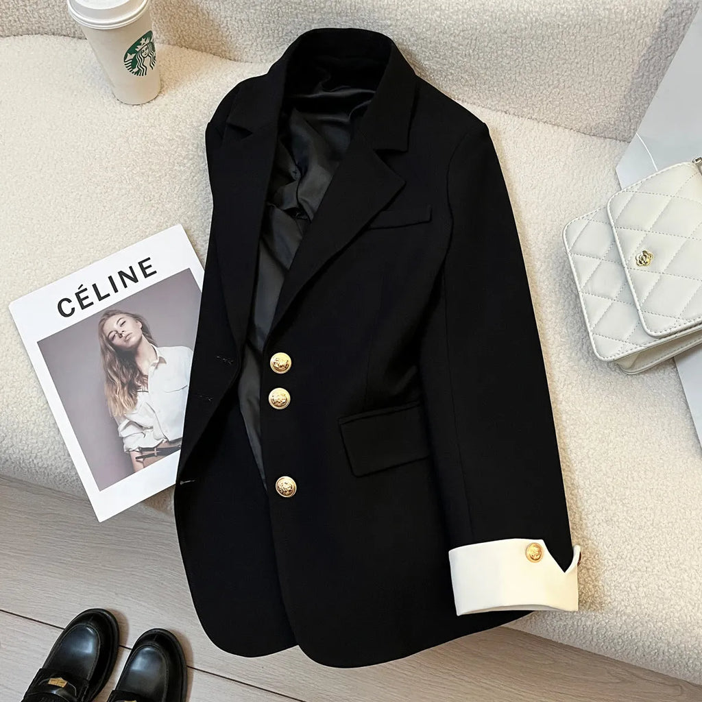 Women's Korean-style medium-length loose coat with pockets in polyester fabric