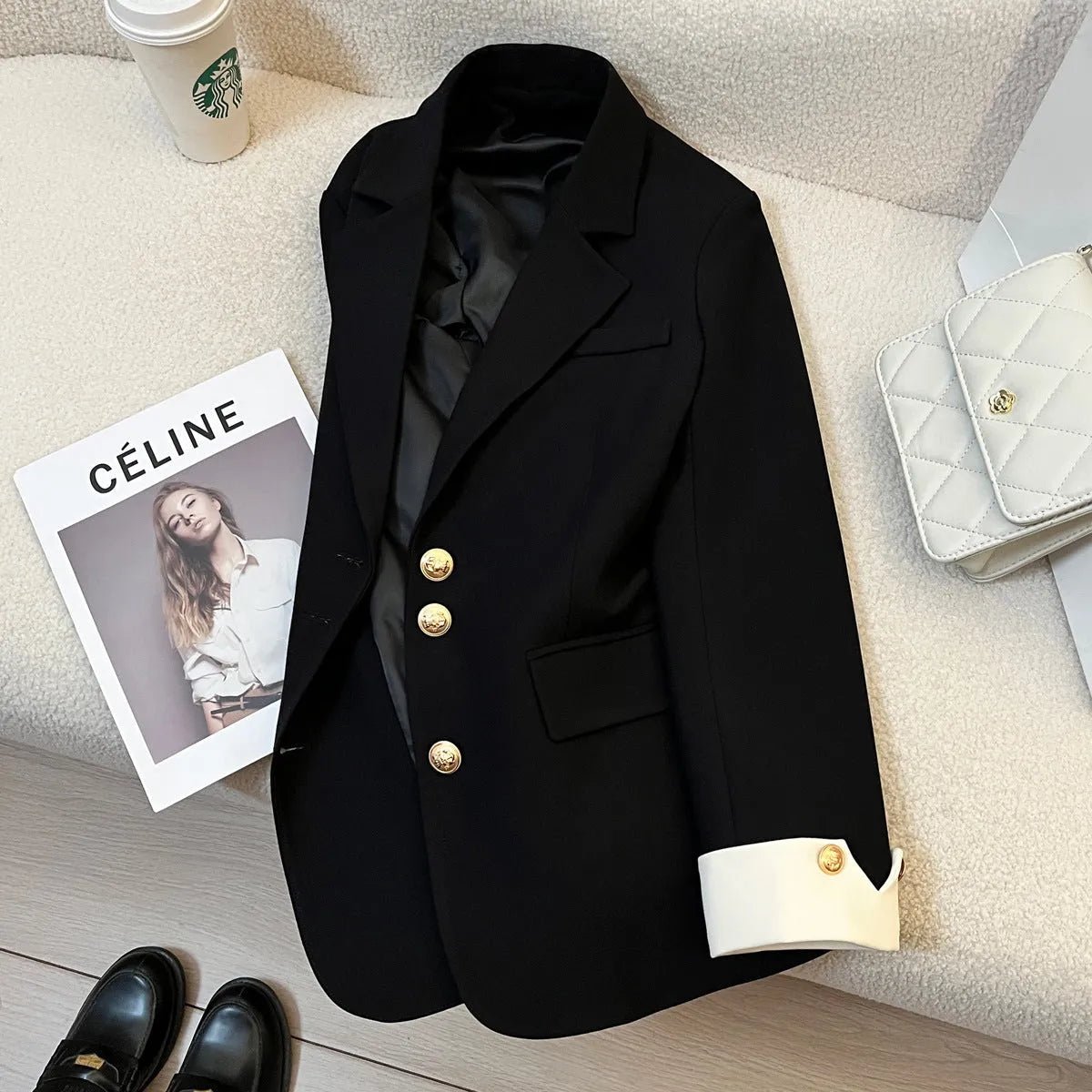 Women's Korean-style medium-length loose coat with pockets in polyester fabric