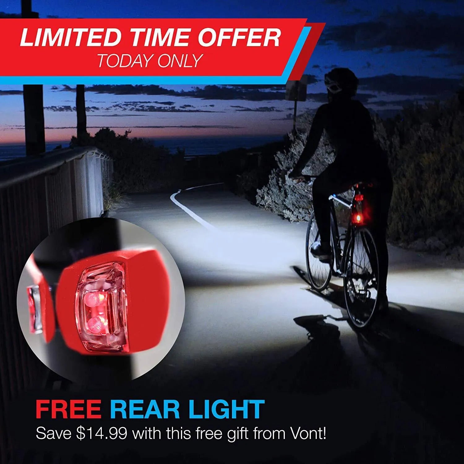 Bicycle front headlight and rear taillight set with mounting bracket on a black background