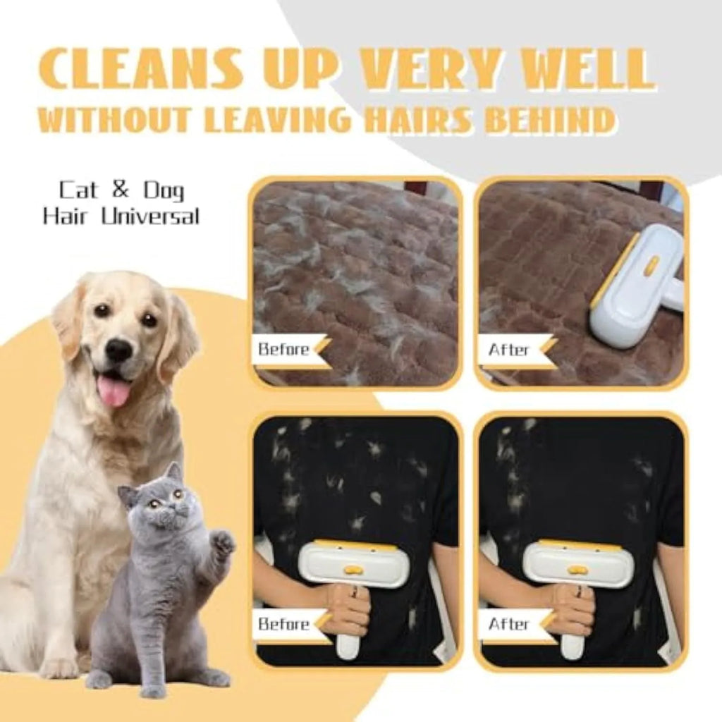 Portable yellow pet hair remover brush with duck design on a fabric sofa.