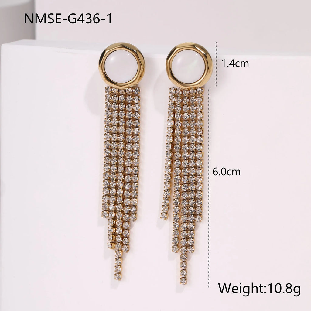 Stainless steel earrings with diamond tassel design in heart or star shapes with electroplated 18K gold finish
