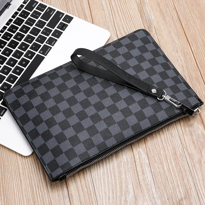 Men's black checkered PU leather clutch wallet showing card slots and zip pocket