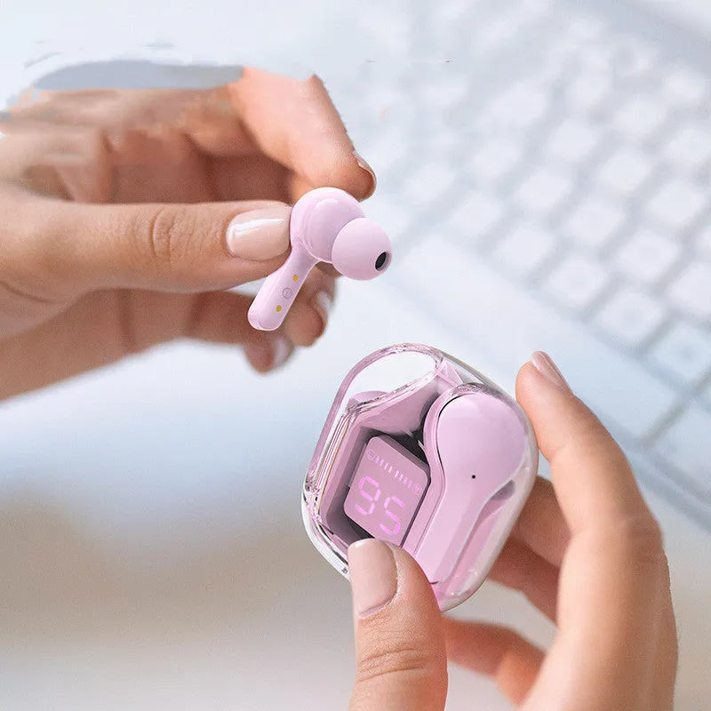 Mini LED display wireless Bluetooth headset with charging compartment in pink colour option