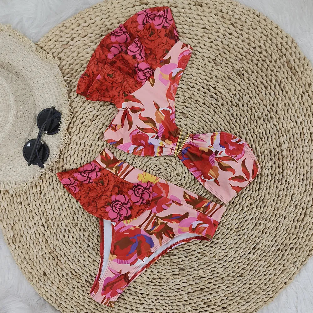 Women's pink floral one-shoulder ruffle swimsuit with high-waist bikini bottoms