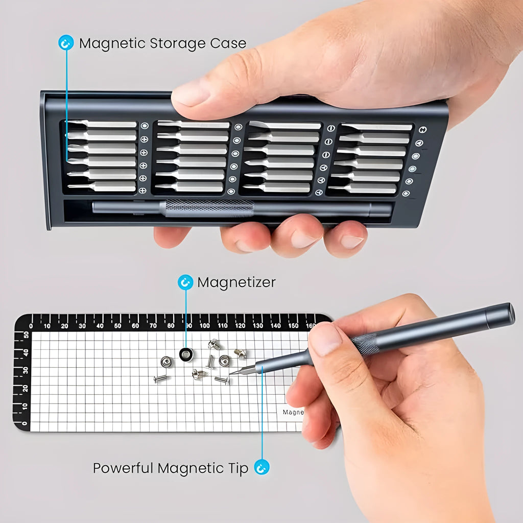 25-in-one magnetic precision screwdriver set with chrome vanadium steel bits and knurled ABS handle.