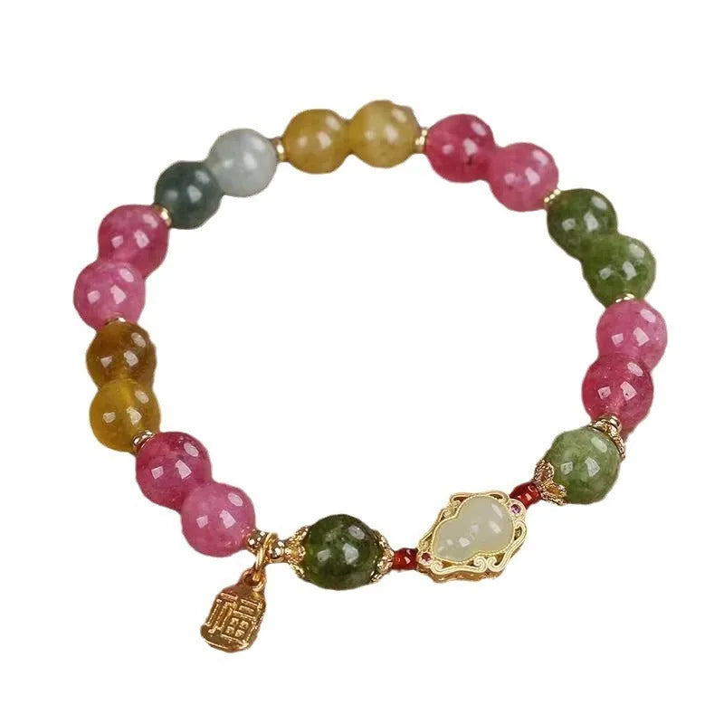 Colourful tourmaline gourd blessing card flower-shaped women's bracelet with mixed material and electroplated finish