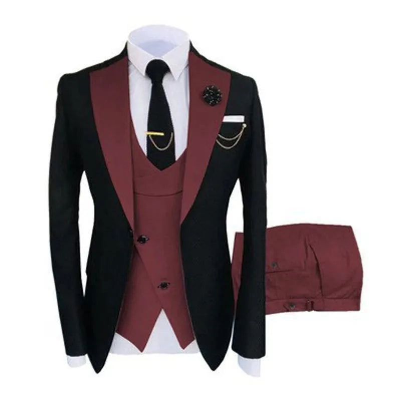 Men's slim fit three-piece cotton business suit with vest, coat and trousers