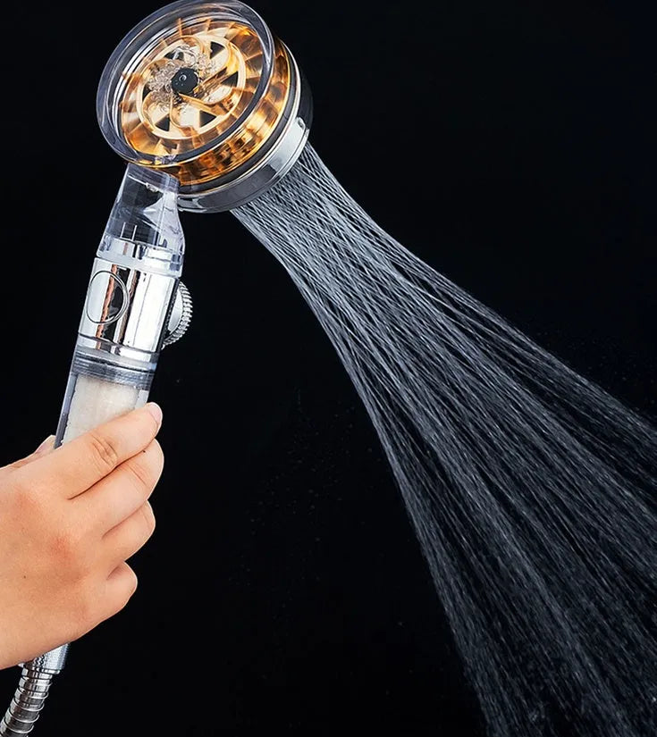 High pressure turbo shower head with ABS body, stainless steel panel, silicone nozzles, and one-key stop button