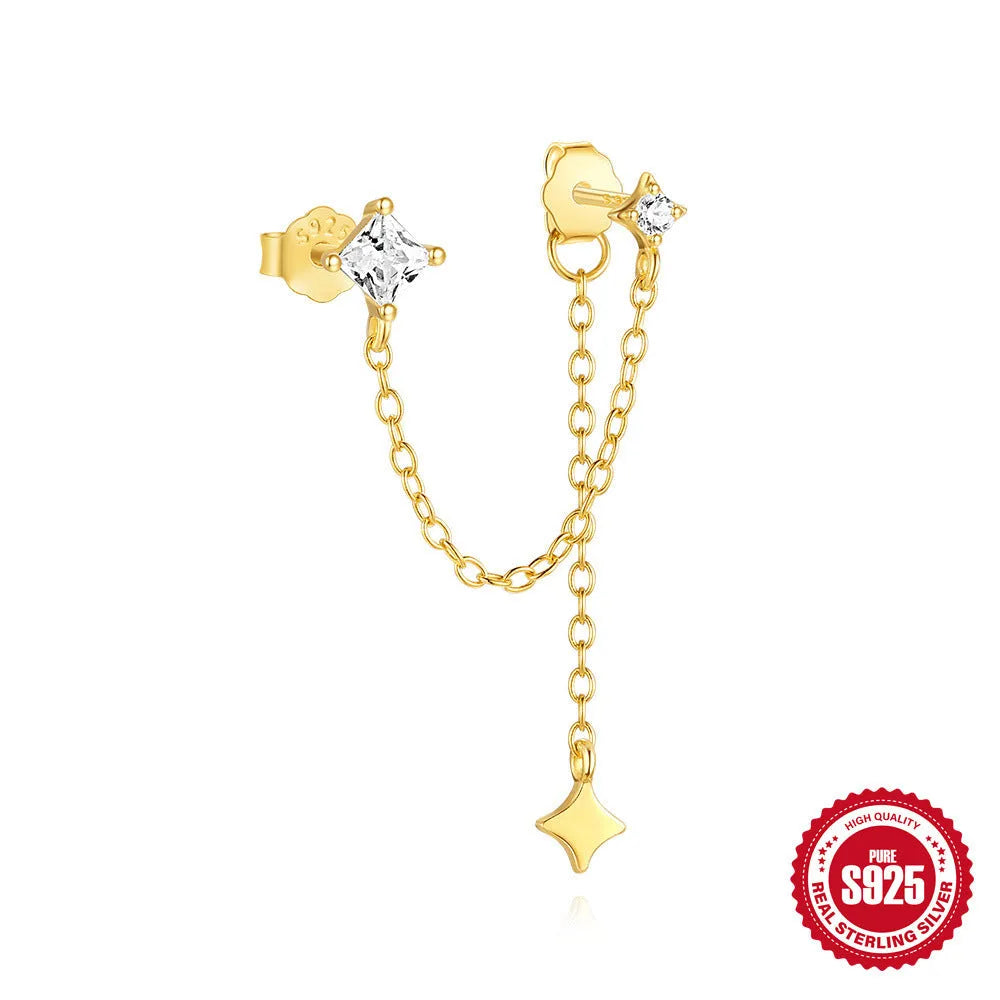 Golden S925 sterling silver earrings with zircon inlay in geometric, clover, crown, and chain styles.