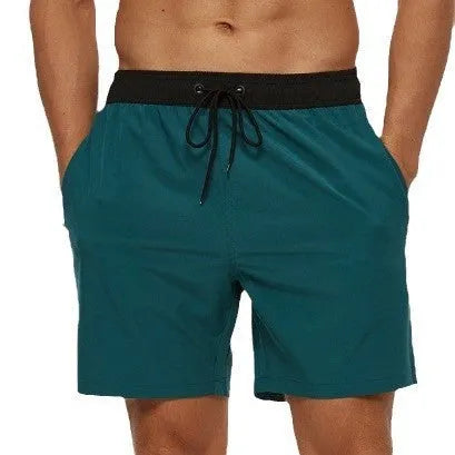 Men's blue stitching waist drawstring athletic shorts with zipper pocket and padding