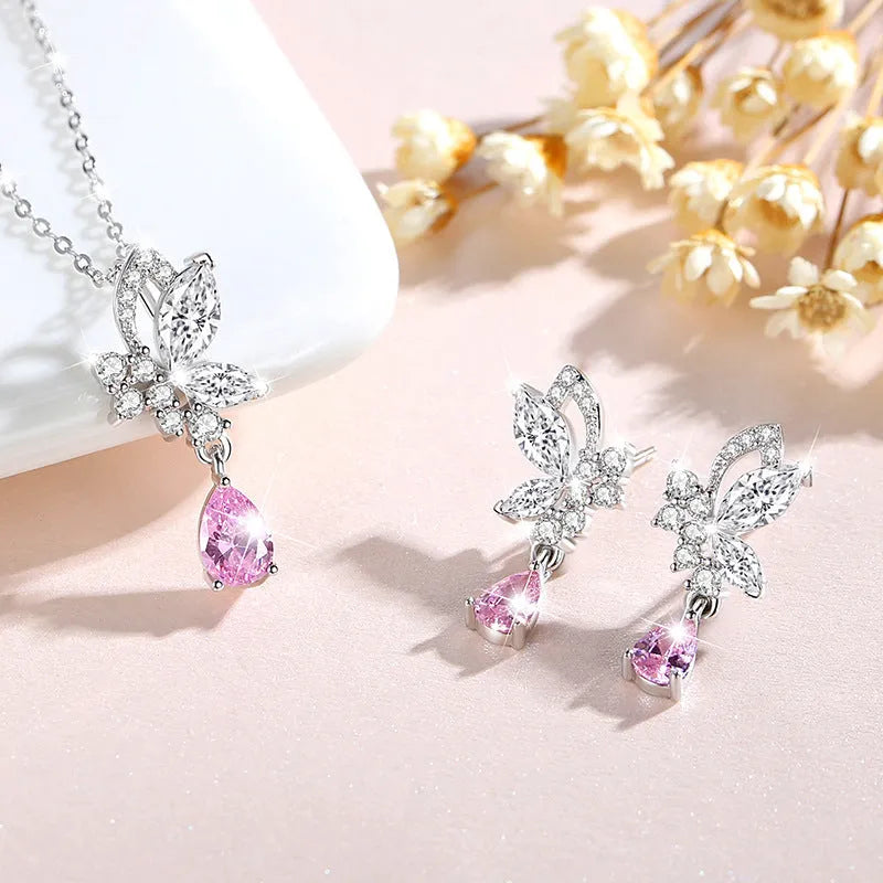 Crystal butterfly 925 silver stud earrings for women on white background