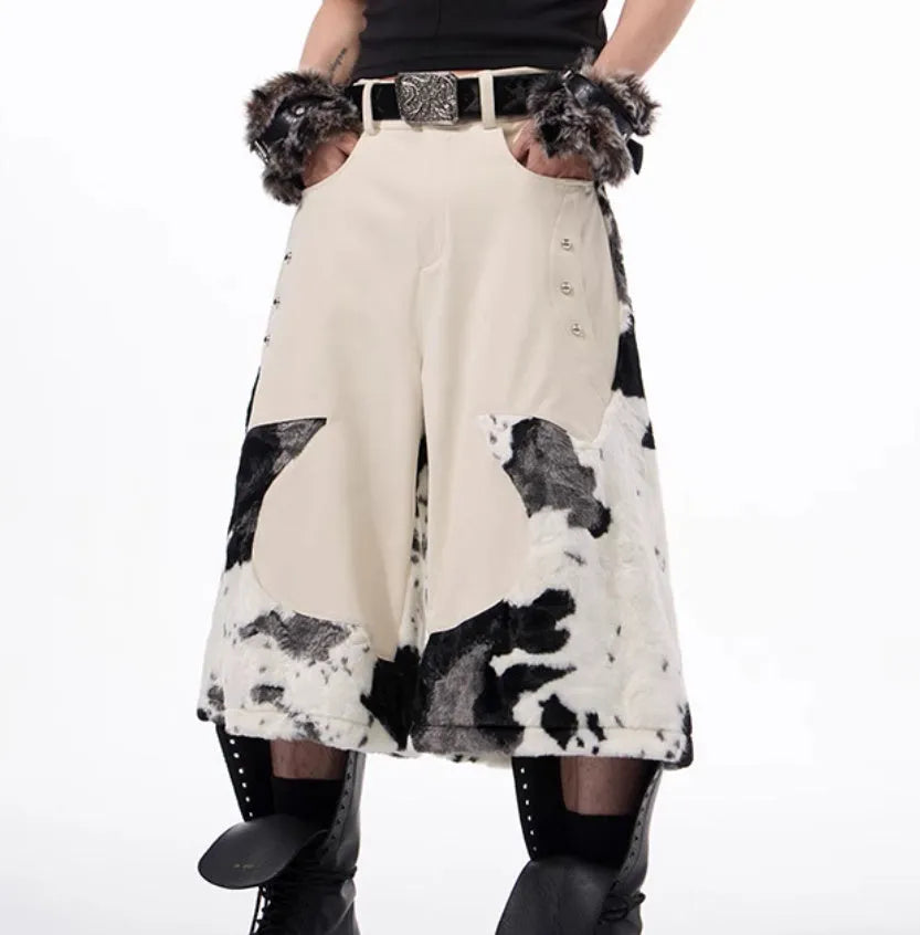 Stitching milk fiber fur cropped pants with personalised patterns in picture colour, front view