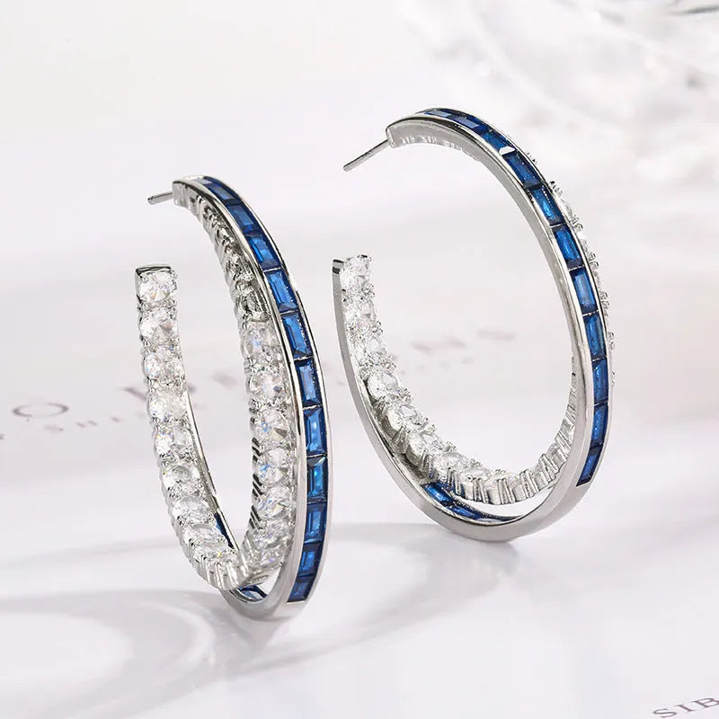 Women's geometric copper earrings with zirconia, silver needle design, red corundum colour option